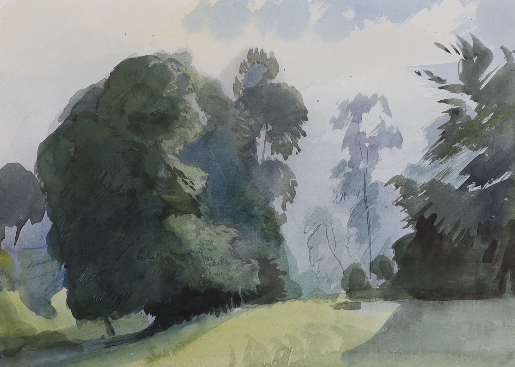 Two watercolours, landscapes, one inscribed Eric Ravilious, 1939, Near Cuckmere, Sussex verso, unsigned, 27 x 36cm